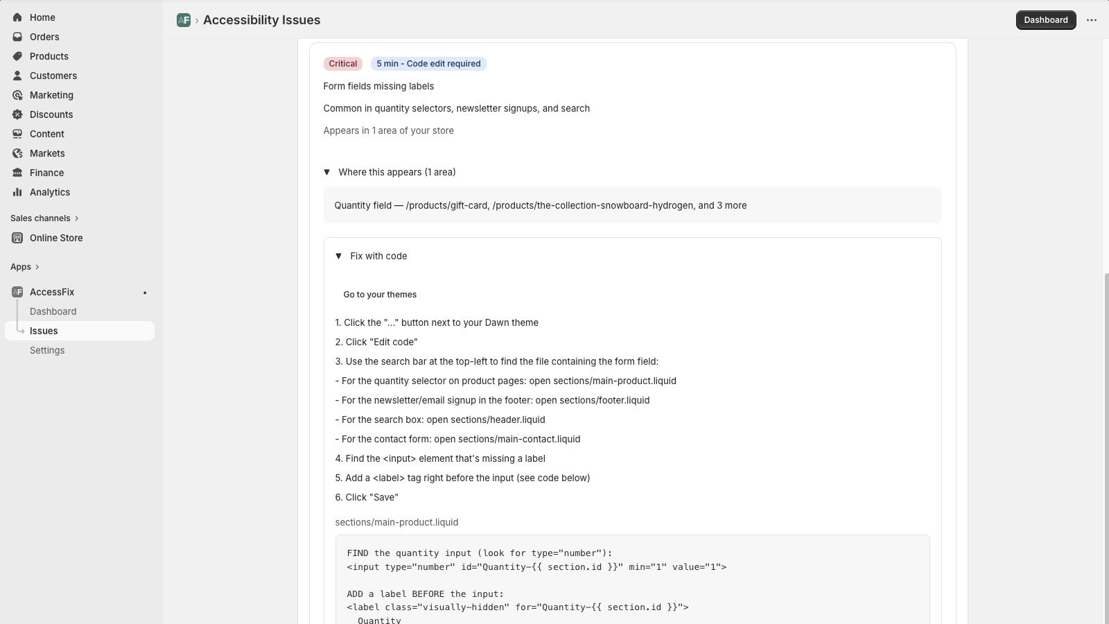 AccessFix showing detailed fix instructions for a missing form label issue, including file paths and a Liquid code snippet to copy and paste